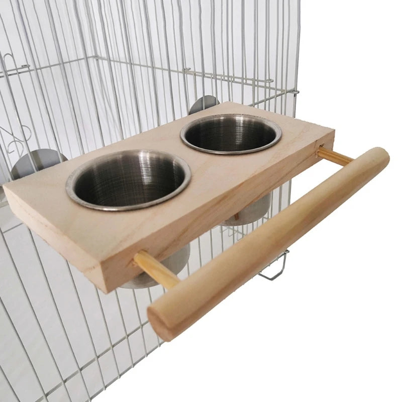 Bird Perch Feeder Wooden Stand Detachable Stainless Steel Feeding Cups Food Water Bowls for Parrot Macaws Lovebirds Cockatoos Zpaxo Default Title