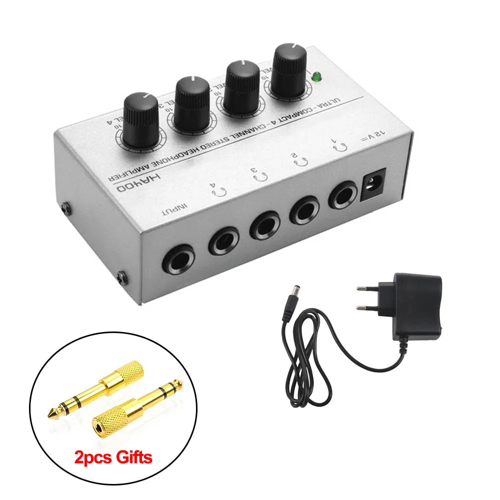 4 Channels Mini Headphone Amplifier HA400 Ultra-Compact Audio Stereo with 2pcs 6.5MM to 3.5MM Jack Plug Audio Adapter Converter Zpaxo
