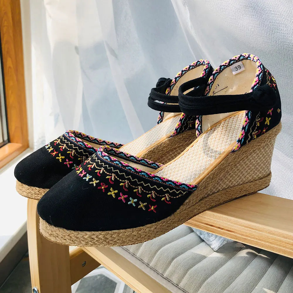 Bohemian Women Canvas Wedge Espadrilles Sandals Handmade Linen Ankle Strap 7cm High Heel Platforms Comfort Summer Shoes Zpaxo