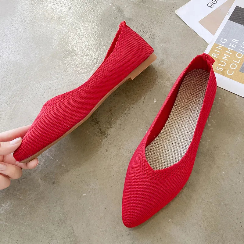 Women's Flat Shoes 2021 Autumn Spring Casual Knitted Pointed Toe Slip-On Woven Solid Work Shoes Flying Woven Shoes Female Shoes Zpaxo Red 38