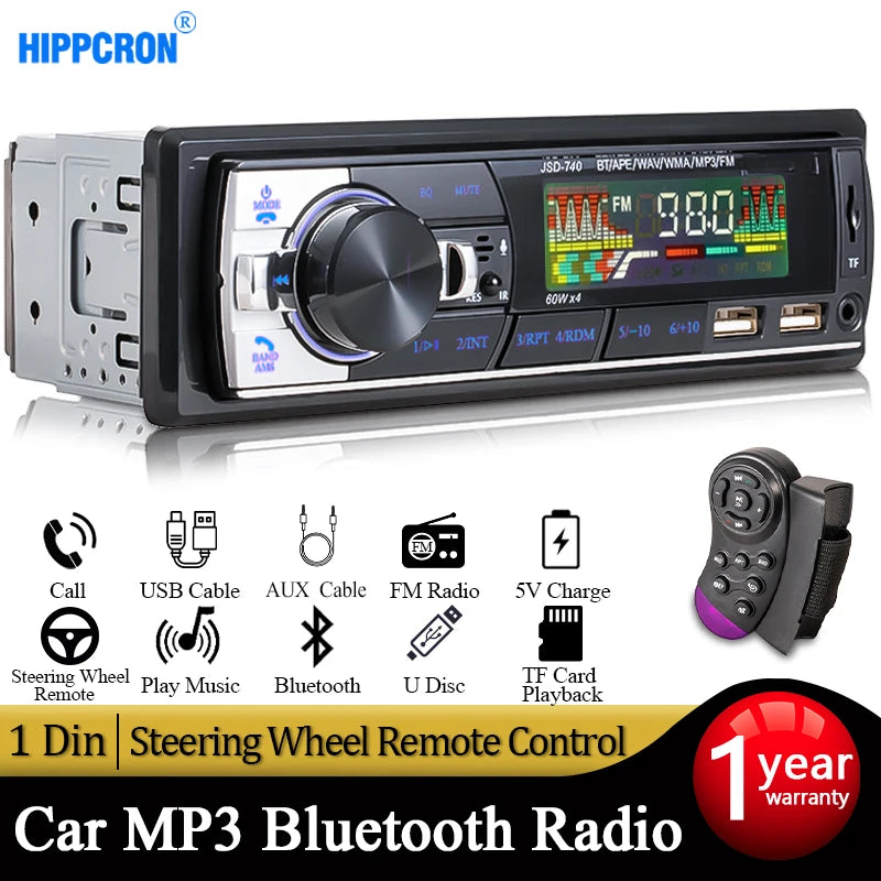 Hippcron Car Radio Audio 1din Bluetooth Stereo MP3 Player FM Receiver