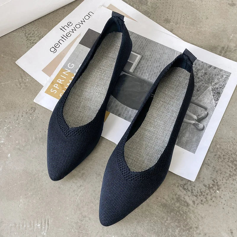 Women's Flat Shoes 2021 Autumn Spring Casual Knitted Pointed Toe Slip-On Woven Solid Work Shoes Flying Woven Shoes Female Shoes Zpaxo black 40