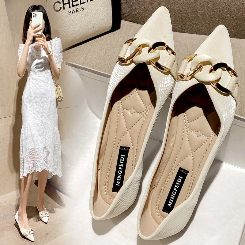 Women's Flat Shoes 2021 Spring Autumn Pointed Shallow Chain Boat Shoes Women's Shoes Large Size 41 42 43 zapatos para mujer Zpaxo