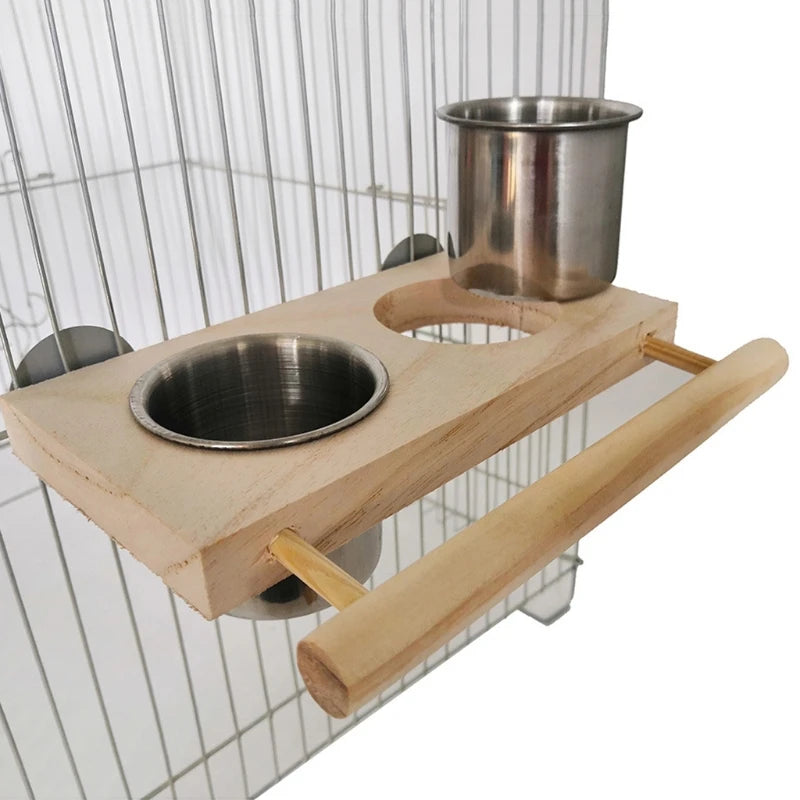 Bird Perch Feeder Wooden Stand Detachable Stainless Steel Feeding Cups Food Water Bowls for Parrot Macaws Lovebirds Cockatoos Zpaxo