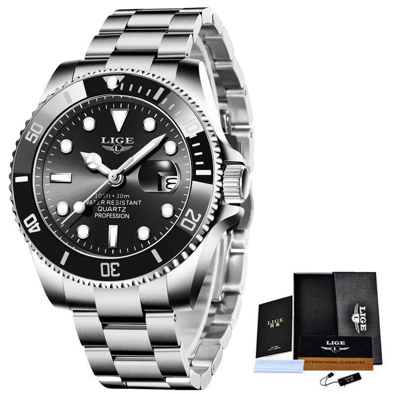 LIGE Top Brand Luxury Fashion Diver Watch Men 30ATM Waterproof Date Clock Sport Watches Mens Quartz Wristwatch Relogio Masculino Zpaxo Silver black