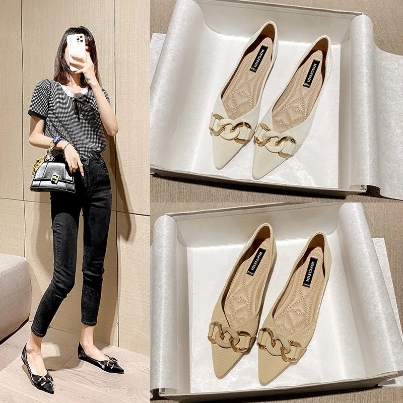Women's Flat Shoes 2021 Spring Autumn Pointed Shallow Chain Boat Shoes Women's Shoes Large Size 41 42 43 zapatos para mujer Zpaxo