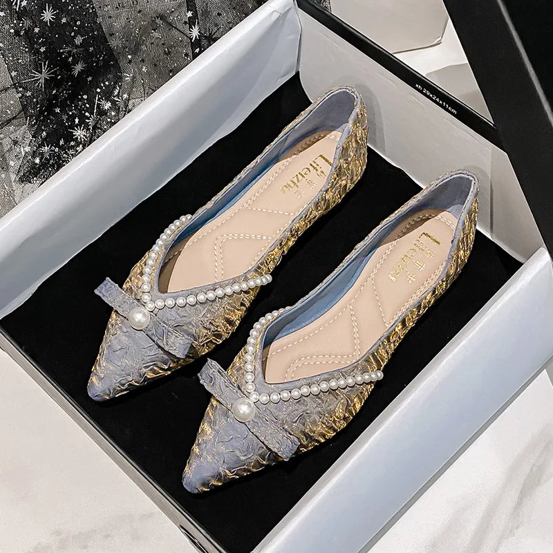 Flat Shoes Women 2021 New Spring and Autumn Pearl Fashion Pointed Casual Mujer Large Size Women's Shoes 41 42 43 Zpaxo