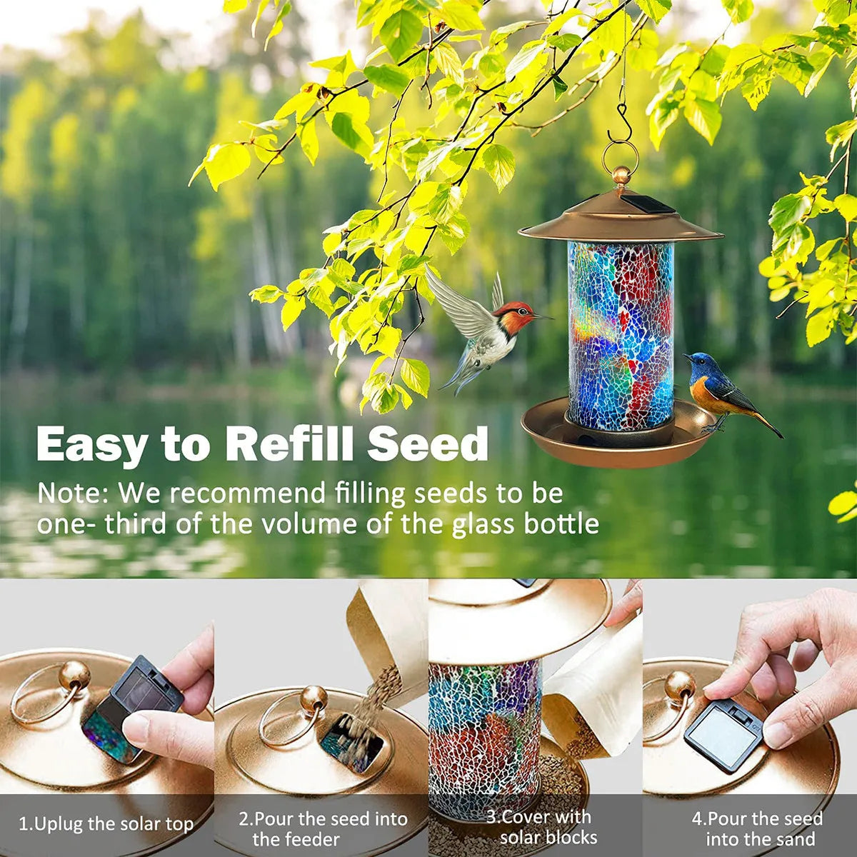 Solar Bird Feeder Light Outdoor Mosaic RGB Pendant Lights Hanging Zpaxo