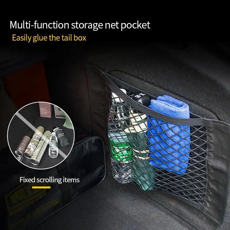 Car Back Rear Trunk Storage Net Seat Elastic String Magic Sticker