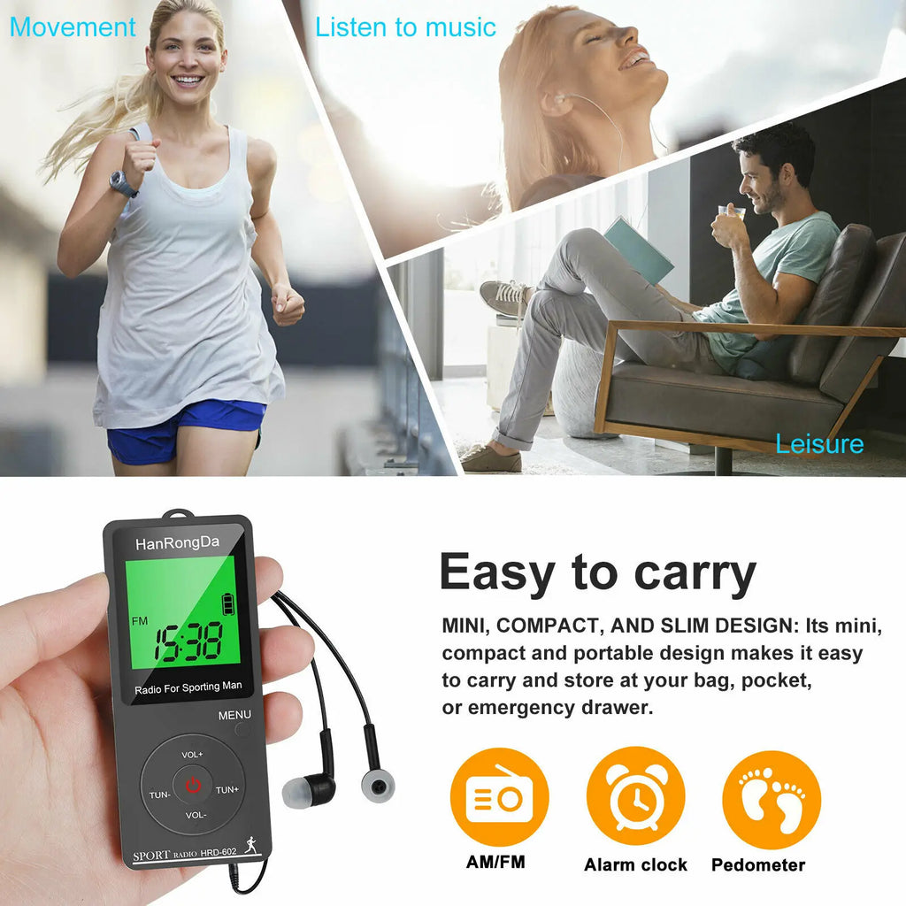 Portable AM FM Mini Radio LED Display Pedometer Headphones Digital