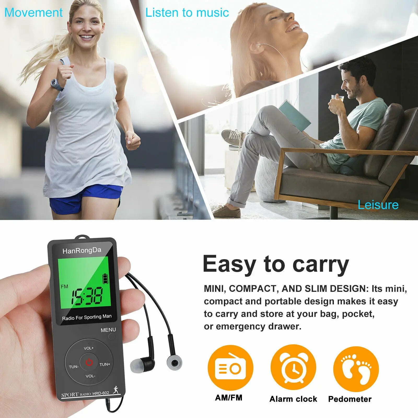 Portable AM FM Mini Radio LED Display Pedometer Headphones Digital