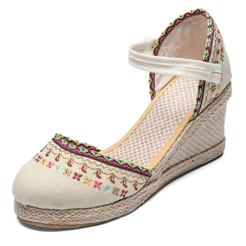 Bohemian Women Canvas Wedge Espadrilles Sandals Handmade Linen Ankle Strap 7cm High Heel Platforms Comfort Summer Shoes Zpaxo