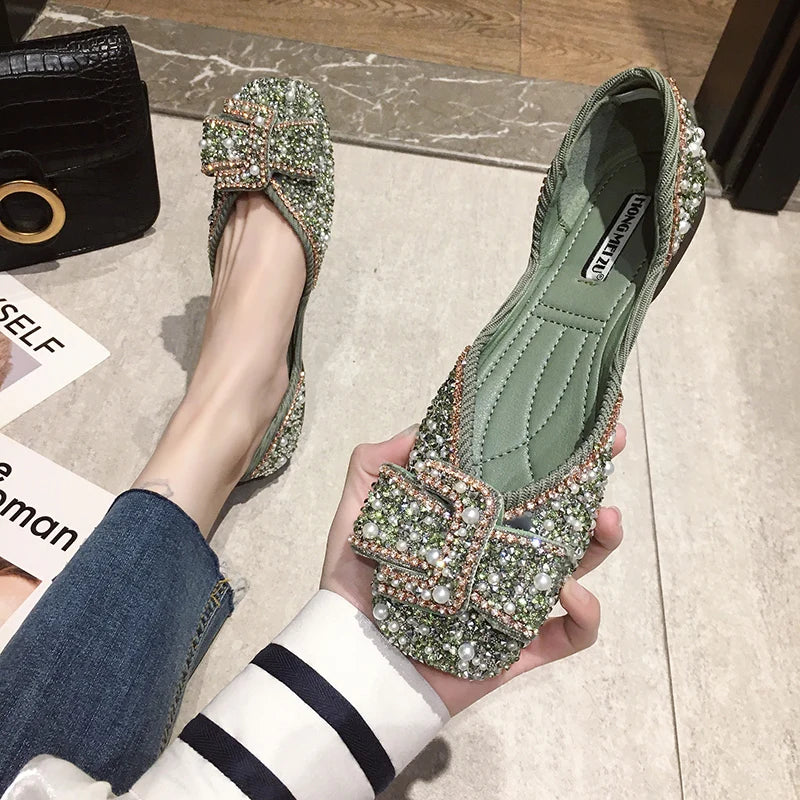 Ladies Bling Crystal Diamond Black Pink Dress Flats Womens Bow Sequins Single Shoes Rhinestone Glitter Square Toe Ballet Flats Zpaxo green 36