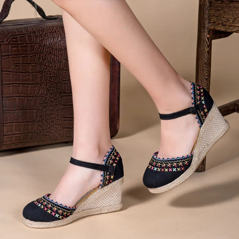 Bohemian Women Canvas Wedge Espadrilles Sandals Handmade Linen Ankle Strap 7cm High Heel Platforms Comfort Summer Shoes Zpaxo black 37