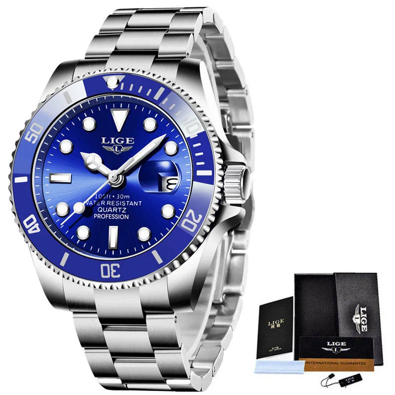 LIGE Top Brand Luxury Fashion Diver Watch Men 30ATM Waterproof Date Clock Sport Watches Mens Quartz Wristwatch Relogio Masculino Zpaxo Silver blue