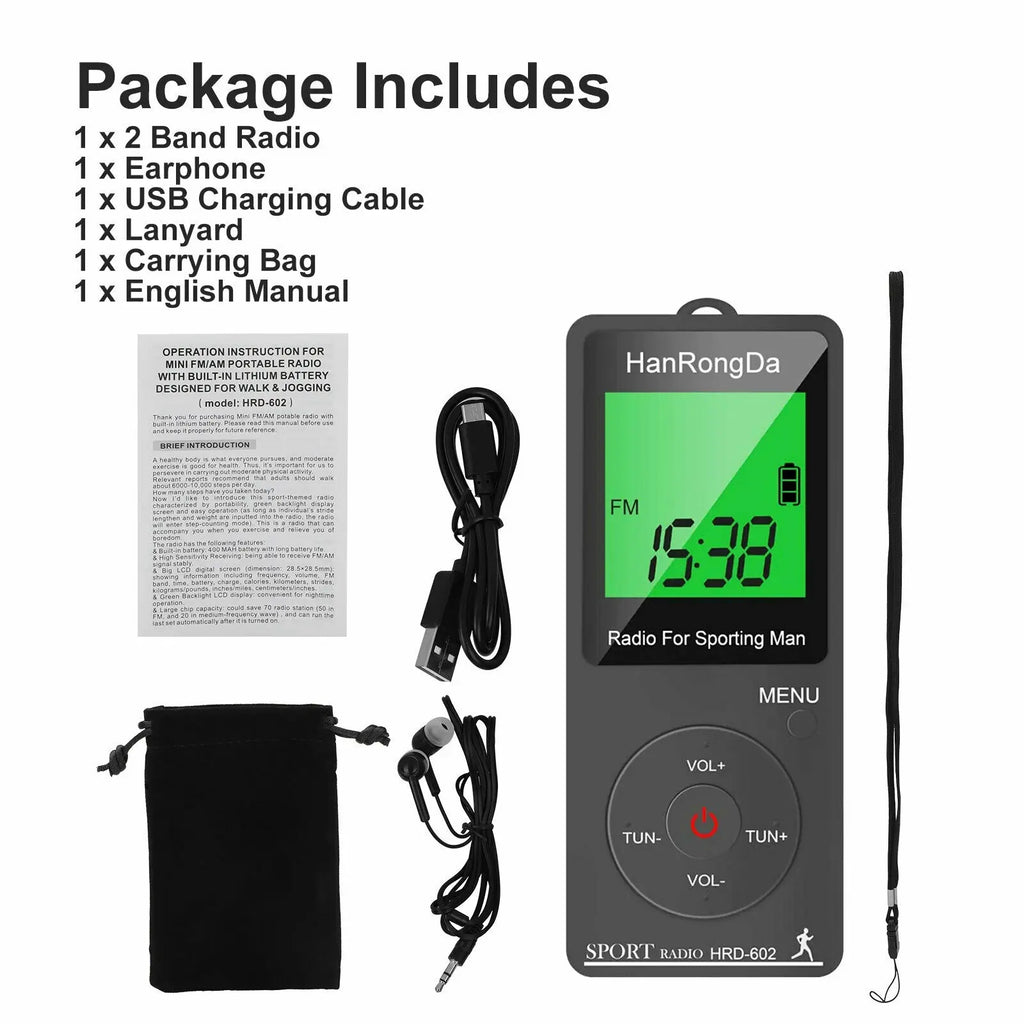 Portable AM FM Mini Radio LED Display Pedometer Headphones Digital