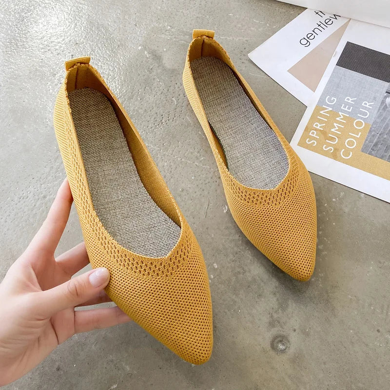 Women's Flat Shoes 2021 Autumn Spring Casual Knitted Pointed Toe Slip-On Woven Solid Work Shoes Flying Woven Shoes Female Shoes Zpaxo YELLOW 36