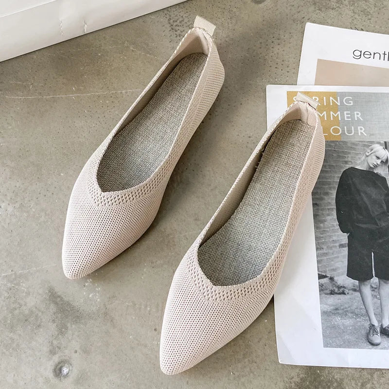 Women's Flat Shoes 2021 Autumn Spring Casual Knitted Pointed Toe Slip-On Woven Solid Work Shoes Flying Woven Shoes Female Shoes Zpaxo Beige pink 38