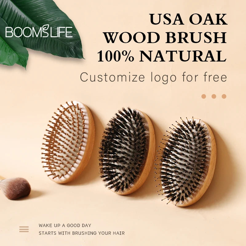 USA Oak Wood Hair Brush Soft Boar Bristle Nylon Needle Wooden Hair Airbag Brush Scalp Massage Wood Brush and Comb Without Handle Zpaxo