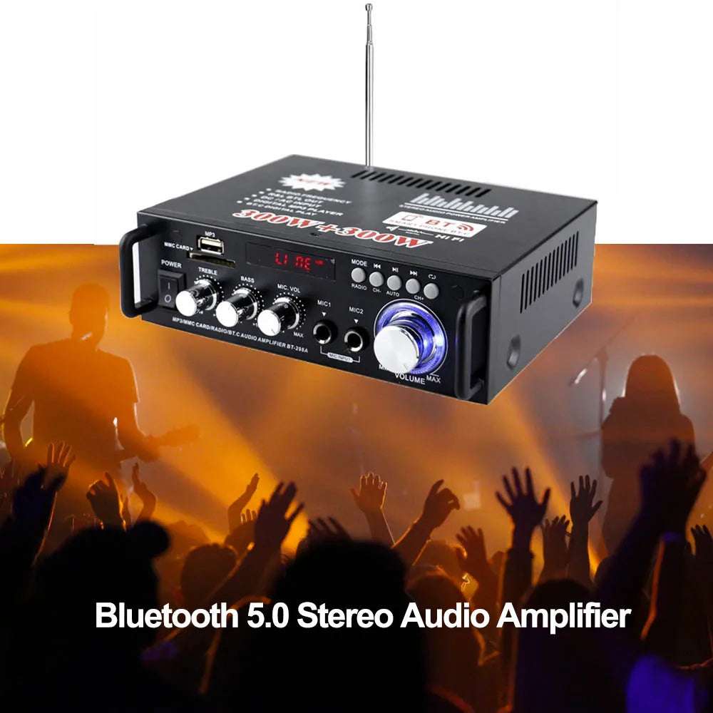 600W FM Radio Car HIFI Amplifier Audio Stereo Mini Amplificador 12V/220V Power Bluetooth-Compatible 2CH Home Theater Amplifiers Zpaxo