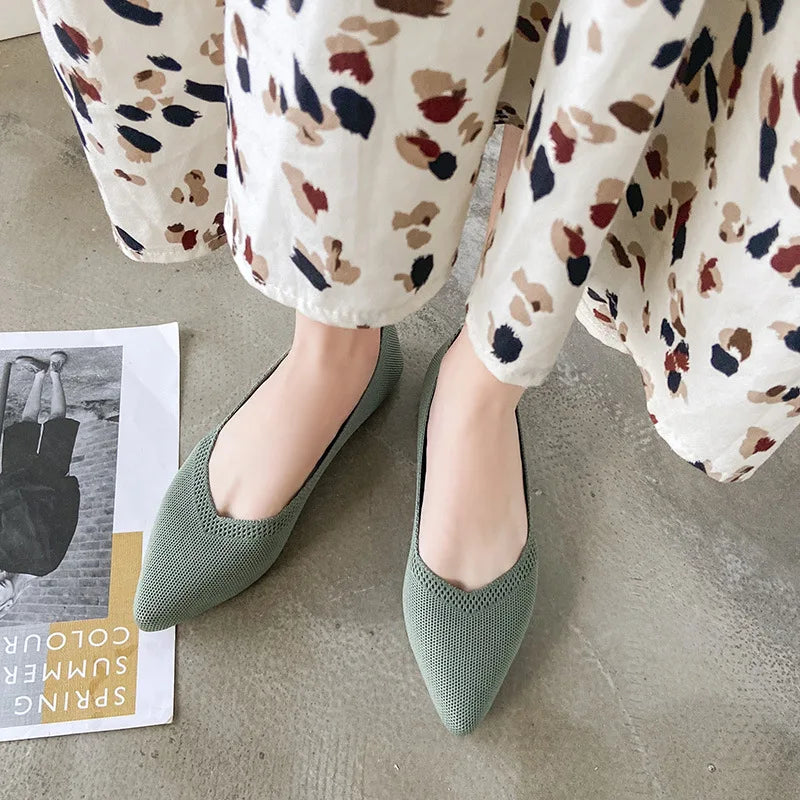 Women's Flat Shoes 2021 Autumn Spring Casual Knitted Pointed Toe Slip-On Woven Solid Work Shoes Flying Woven Shoes Female Shoes Zpaxo