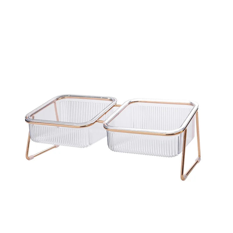 Pet Double Bowl Transparent Foot Cat Drink Water Food Golden Stand
