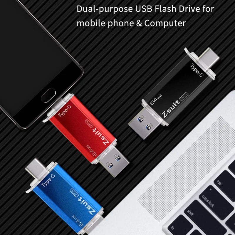 ZSUIT USB Flash Drive 2 in 1 Type-c Pen Drive 128GB 64GB 32GB 16G USB Stick 3.0 Mobile Pen Drive Metal U Disk Zpaxo