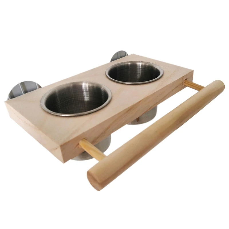Bird Perch Feeder Wooden Stand Detachable Stainless Steel Feeding