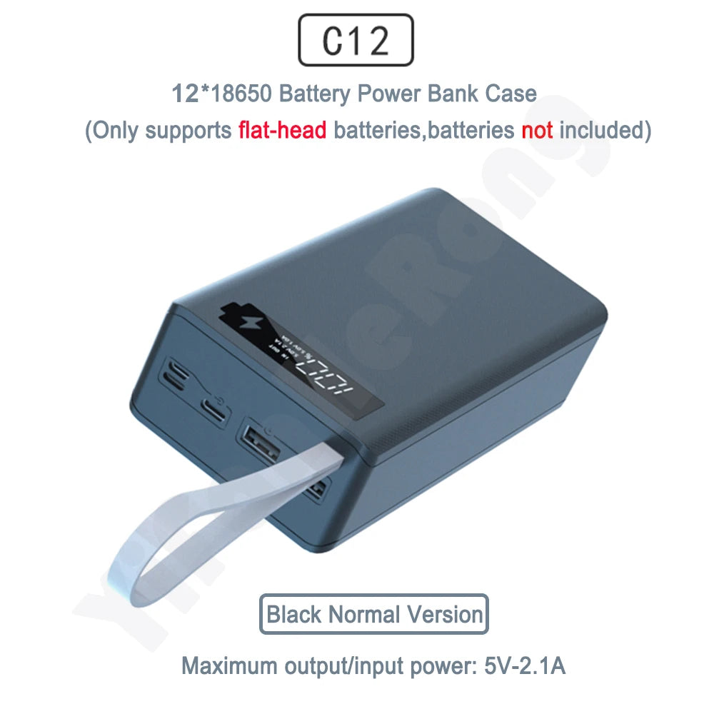 DIY Power Bank Case 12x18650 Battery Charge Storage Box 5V Dual USB Type C Micro USB Interface For Smart Phones Zpaxo Normal Black