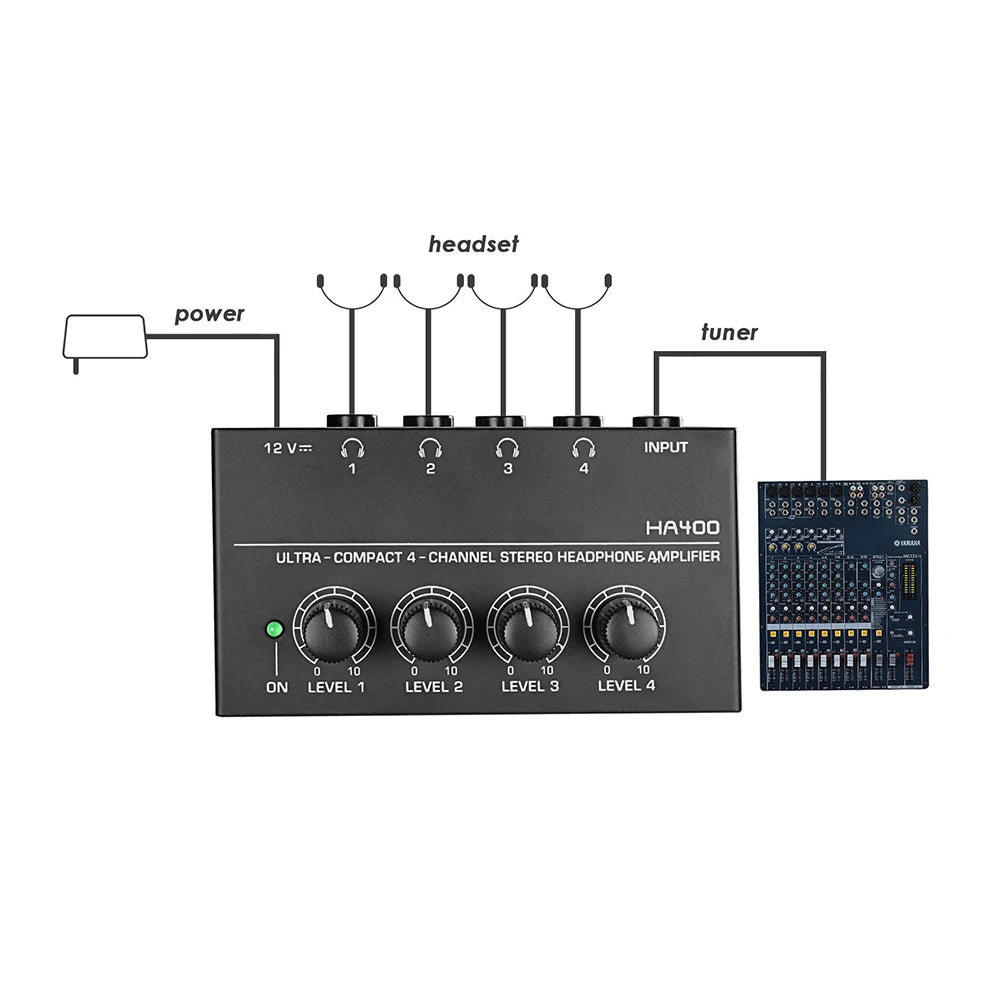 4 Channels Mini Headphone Amplifier HA400 Ultra-Compact Audio Stereo with 2pcs 6.5MM to 3.5MM Jack Plug Audio Adapter Converter Zpaxo
