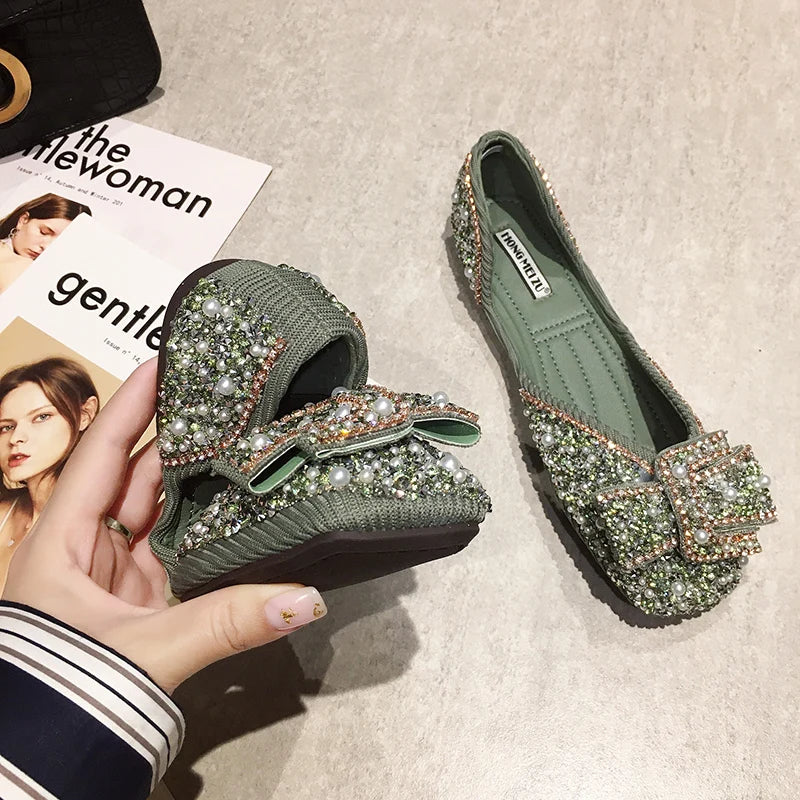Ladies Bling Crystal Diamond Black Pink Dress Flats Womens Bow Sequins Single Shoes Rhinestone Glitter Square Toe Ballet Flats Zpaxo