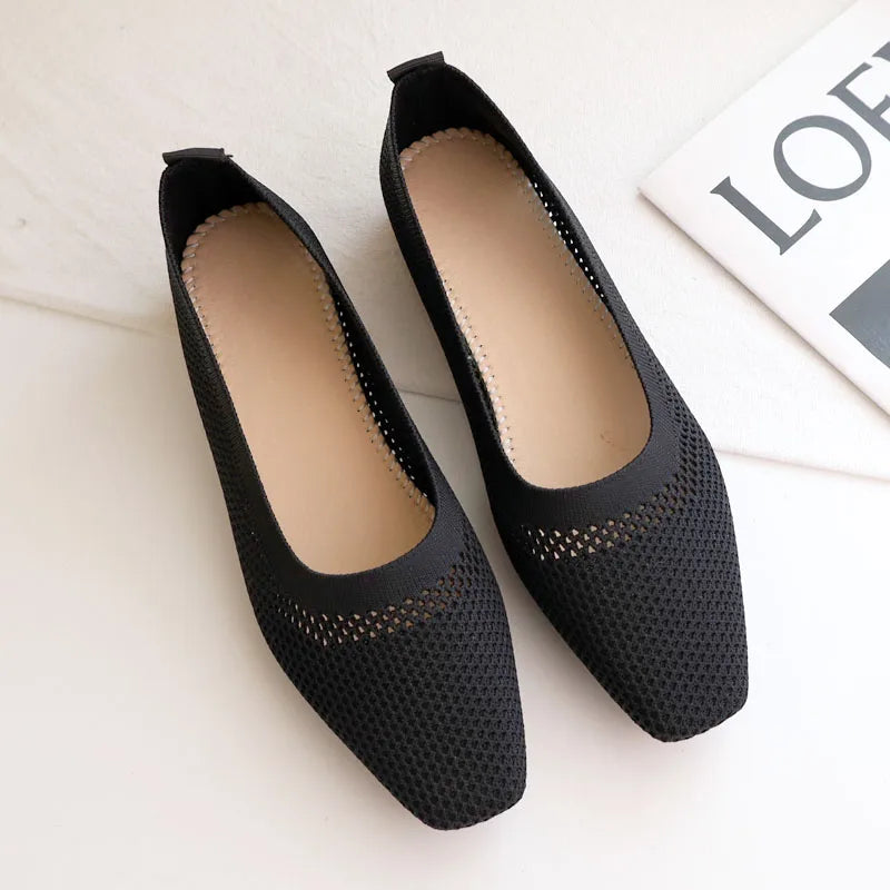 Square toe shoes women's spring/summer 2021 new shallow mouth fly woven breathable soft sole comfortable women's shoes Zpaxo