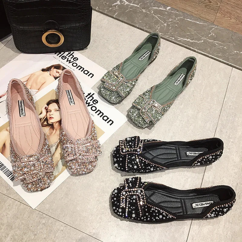 Ladies Bling Crystal Diamond Black Pink Dress Flats Womens Bow Sequins Single Shoes Rhinestone Glitter Square Toe Ballet Flats Zpaxo