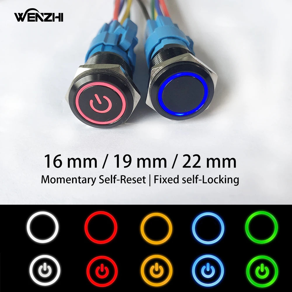 Black Metal Push Button Switch Start Stop 12/24/220V 16/19/22mm Connected LED Backlit Rocket Power Controller Momentary/Latching Zpaxo