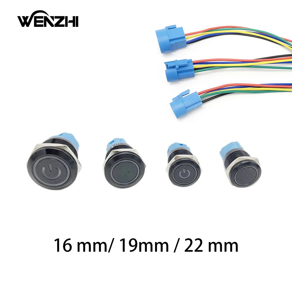 Black Metal Push Button Switch Start Stop 12/24/220V 16/19/22mm Connected LED Backlit Rocket Power Controller Momentary/Latching Zpaxo