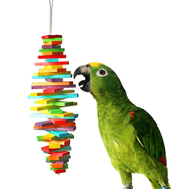 Rainbow Wood Blocks Bird Chew Toy Hanging Chain Cage Parrot Toys