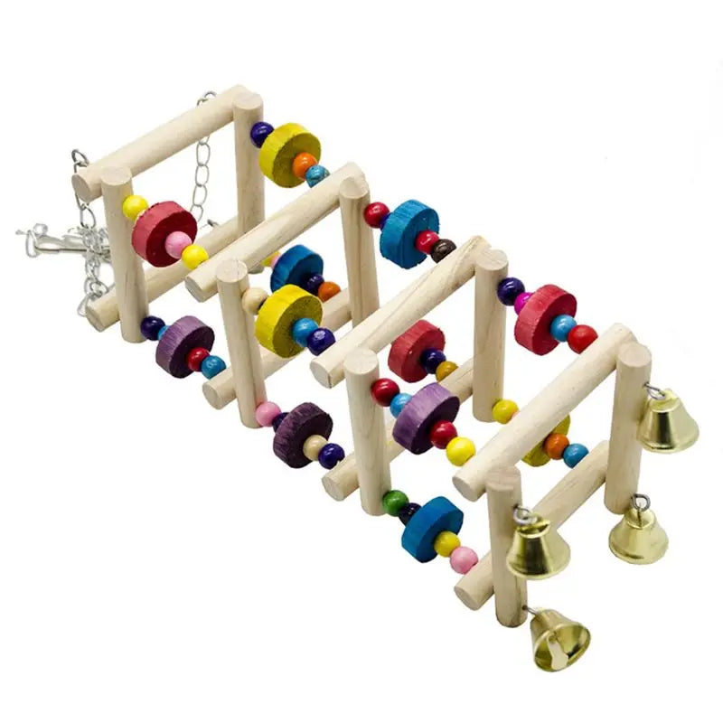 Colorful Wooden Bird Parrot Swing Ladder Toy Bell Hanging Chewing