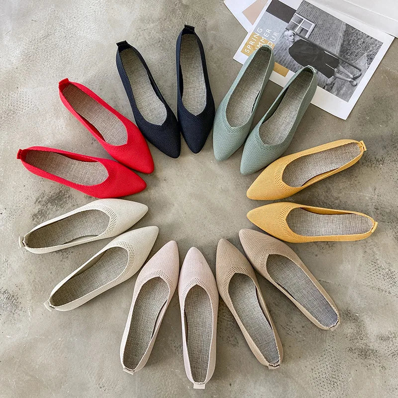Women's Flat Shoes 2021 Autumn Spring Casual Knitted Pointed Toe Slip-On Woven Solid Work Shoes Flying Woven Shoes Female Shoes Zpaxo