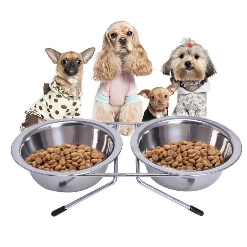 Dog Bowl Stainless Steel Double Pet Bowls Travel Water Food Feeding