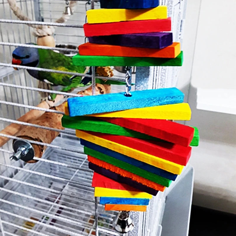 Rainbow Wood Blocks Bird Chew Toy Hanging Chain Cage Parrot Toys