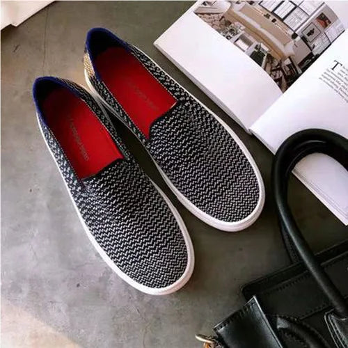 Women Loafers Flats Shoes Pregnant Outside Knitted Slip-On Spring/Autumn Round Toes Casual Womens Flats Shoes Zapatos Mujer Zpaxo Black-White 40