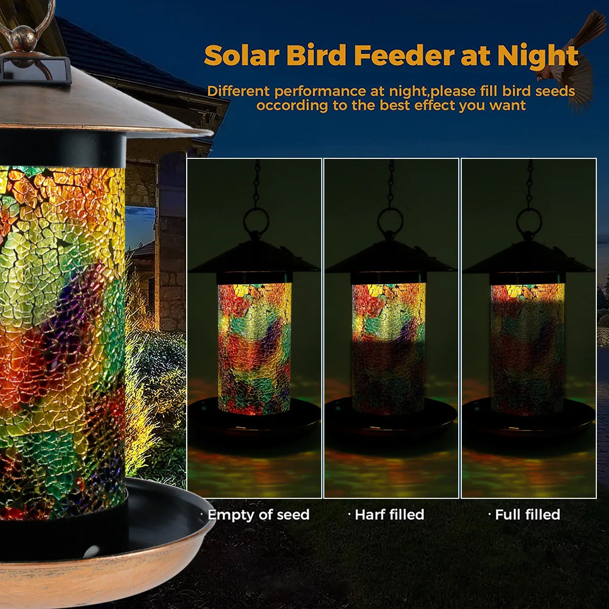 Solar Bird Feeder Light Outdoor Mosaic RGB Pendant Lights Hanging Zpaxo