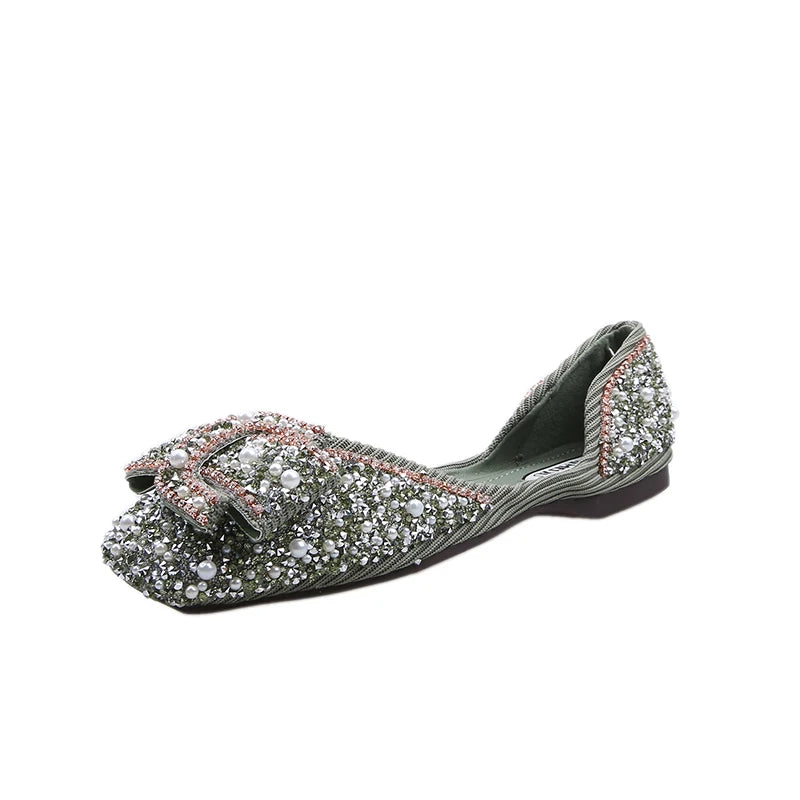 Ladies Bling Crystal Diamond Black Pink Dress Flats Womens Bow Sequins Single Shoes Rhinestone Glitter Square Toe Ballet Flats Zpaxo