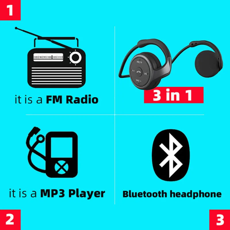 Bluetooth Earphones MP3 Player FM Radio On-ear Comfortable Wrap