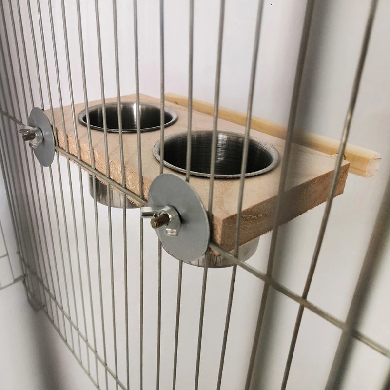 Bird Perch Feeder Wooden Stand Detachable Stainless Steel Feeding Cups Food Water Bowls for Parrot Macaws Lovebirds Cockatoos Zpaxo