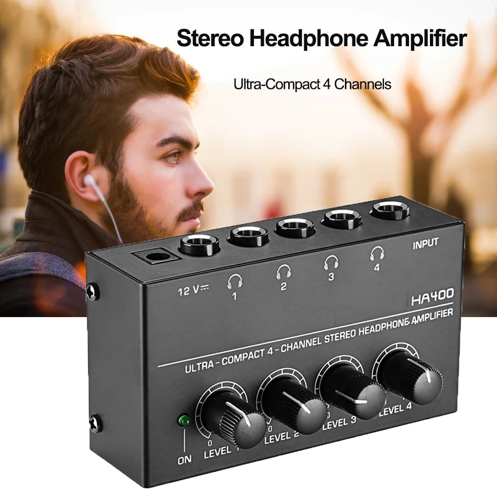 4 Channels Mini Headphone Amplifier HA400 Ultra-Compact Audio Stereo with 2pcs 6.5MM to 3.5MM Jack Plug Audio Adapter Converter Zpaxo