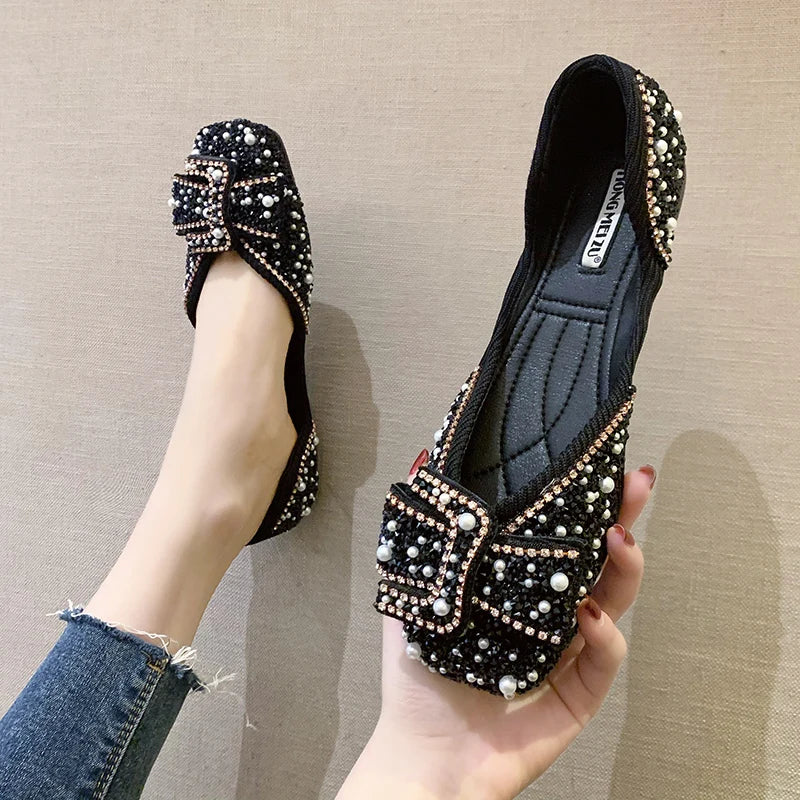 Ladies Bling Crystal Diamond Black Pink Dress Flats Womens Bow Sequins Single Shoes Rhinestone Glitter Square Toe Ballet Flats Zpaxo black 36