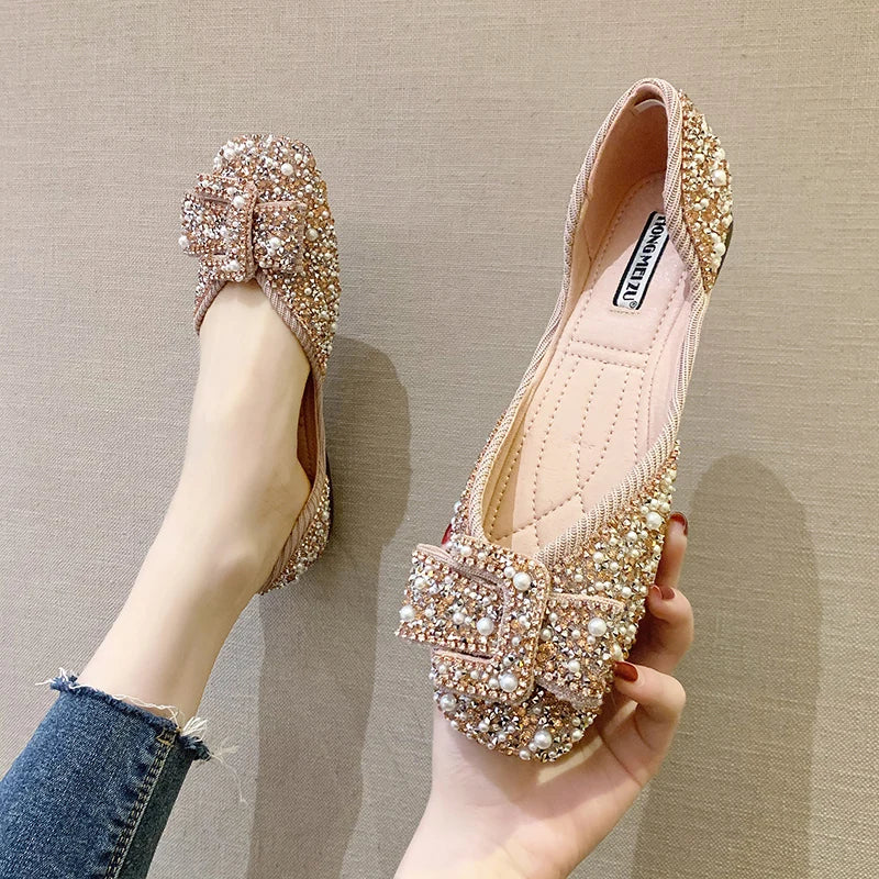 Ladies Bling Crystal Diamond Black Pink Dress Flats Womens Bow Sequins Single Shoes Rhinestone Glitter Square Toe Ballet Flats Zpaxo Pink 36