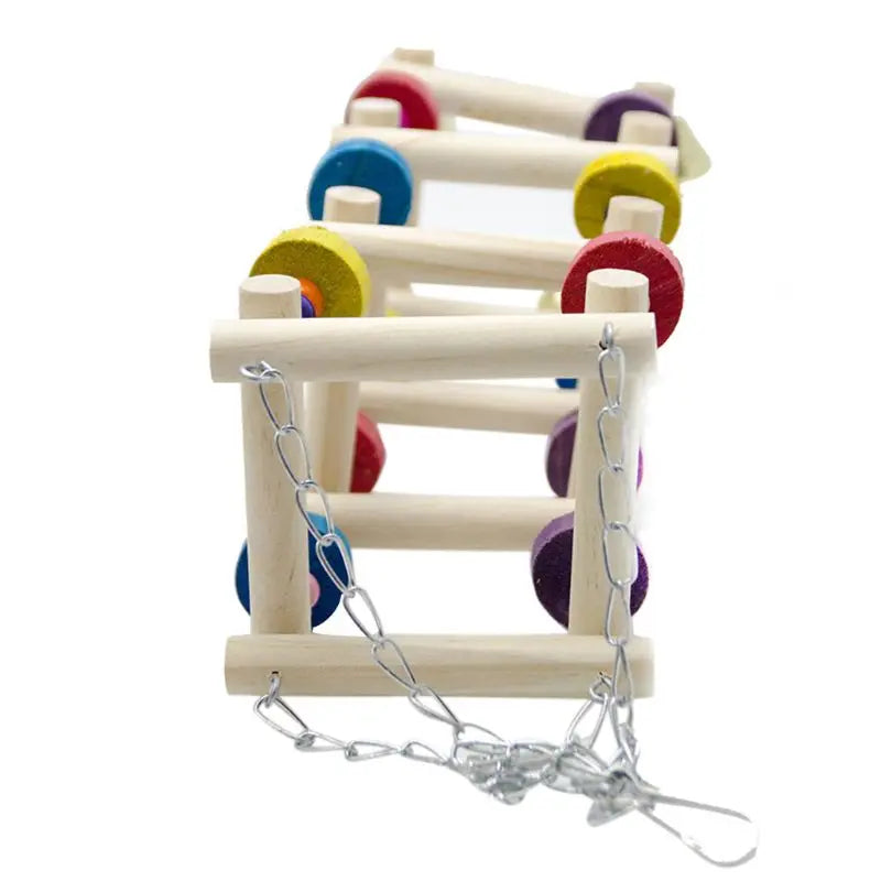 Colorful Wooden Bird Parrot Swing Ladder Toy Bell Hanging Chewing