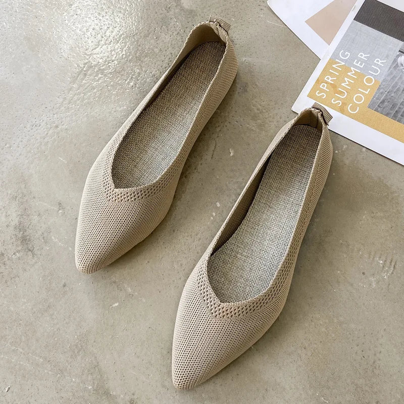 Women's Flat Shoes 2021 Autumn Spring Casual Knitted Pointed Toe Slip-On Woven Solid Work Shoes Flying Woven Shoes Female Shoes Zpaxo Khaki 35
